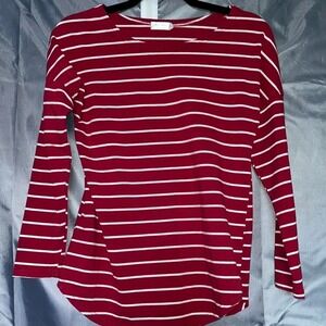 Pogtmm Rich Pink White Striped Long Sleeve T-Shirt Medium Curved Hem